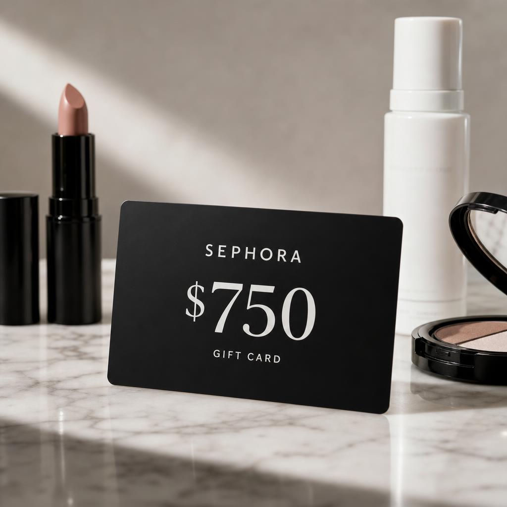 Black $750 Sephora gift card on white marble beside black and white beauty products